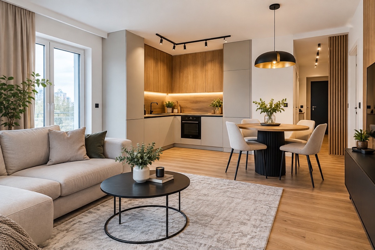 Salon z aneksem kuchennym po remoncie, Nastrojowa 36